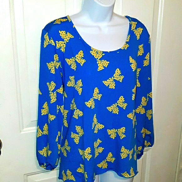 NWT☆Plus Size Blue Yellow Polka Dot Ribbon Blouse☆Gorgeous & 🎀 Unique 1X - Picture 2 of 11